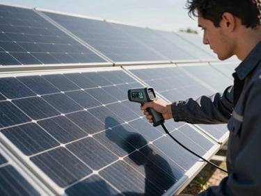 A professional technician pointing a thermographic sensor at a clean dark solar panel array under high-contrast midday sun, architectural lines