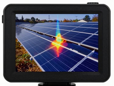 Close-up of a high-resolution thermal imaging camera screen displaying temperature variations on a photovoltaic panel array under bright daylight