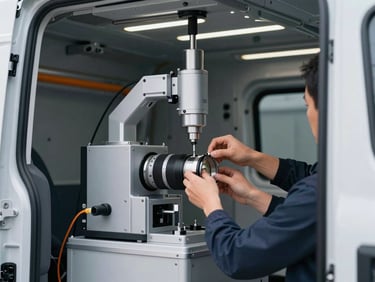 Close-up of a technician securing a delicate piece of medical laboratory equipment inside a climate-controlled transport vehicle, technical rigging visible, industrial lighting, slate gray and orange tones.