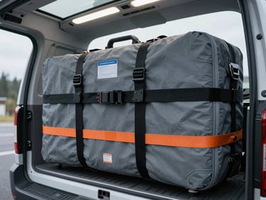 Close-up of climate-controlled vehicle interior, secure medical equipment strapped down with technical rigging, sharp industrial lighting, cool overcast PNW daylight.