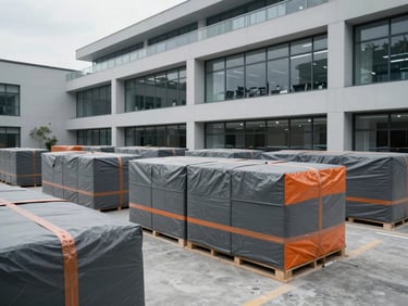 Wide shot of a modern, high-end office space being carefully packed and prepared for transport, showing specialized protective coverings, cool overcast daylight, structured grid layout.