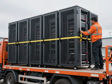 Medium shot of server racks being carefully loaded onto an air-ride suspension vehicle, secure tie-downs, professional team in branded gear, cool overcast daylight, sharp focus.