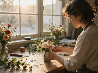 A warm, sunlit workshop with a local artisan carefully arranging delicate floral centerpieces, soft golden hour light filtering through a large window, creating a serene and trusted atmosphere.