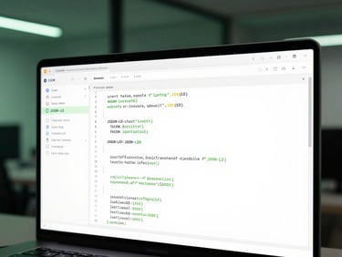 Sleek tech photography of a clean terminal window displaying structured JSON-LD schema code, low-key ambient lighting with a razor-sharp green glow on the screen.