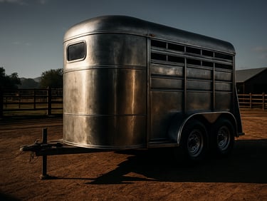 Bespoke steel horse trailer parked on a ranch, high-contrast morning light