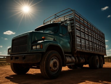 Heroic low-angle shot of a heavy-duty cattle truck parked on a Venezuelan ranch, rich metallic tones, sharp focus, dramatic midday sun