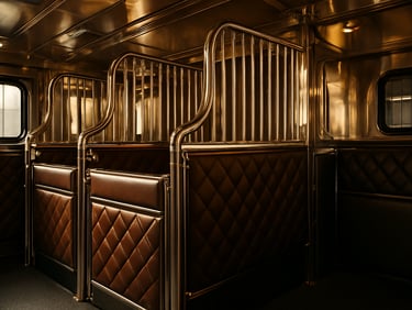 Luxury horse truck interior with padded stalls, polished metal finishes, warm natural light