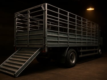 Heavy-duty cattle truck showing structural steel cage and secure ramp, dramatic lighting