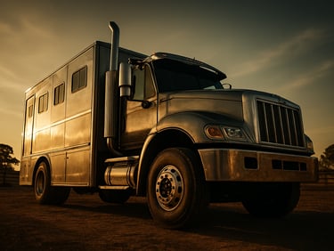 Low-angle heroic shot of a massive custom steel horse truck parked on a Venezuelan ranch at golden hour, sharp metallic reflections, heavy duty chassis visible, 35mm