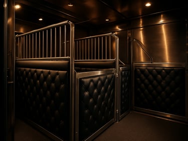 Luxury interior padded stalls for horses inside a custom truck, soft ambient lighting, clean brushed steel dividers, high-contrast details