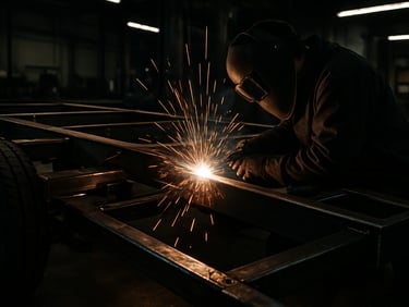 Close-up of a heavy-duty horse trailer chassis under construction in a workshop, bright welding sparks, dramatic high-contrast industrial lighting