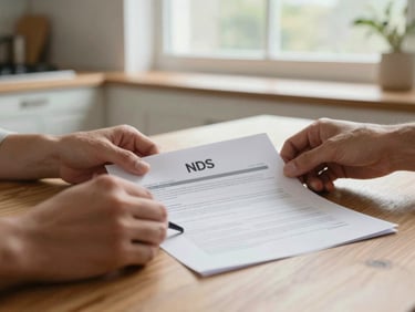 A warm, natural close-up of hands reviewing NDIS plan documents together at a wooden kitchen table, soft natural daylight from a window, shallow depth of field