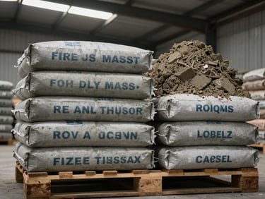 Flat-lay overhead of labelled cement and raw material bags — fire cement, fire clay, ramming mass — stacked on pallet under warehouse fluorescent light, neutral grey and brown palette