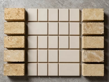 Overhead flat-lay of insulation bricks and tiles arranged in rows on a concrete surface, controlled warehouse light, pale cream and buff tones, crisp edges visible