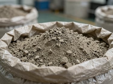 Close macro of castable refractory powder in open kraft bags on factory floor, warm grey granular texture, controlled overhead light, depth of field on material grain