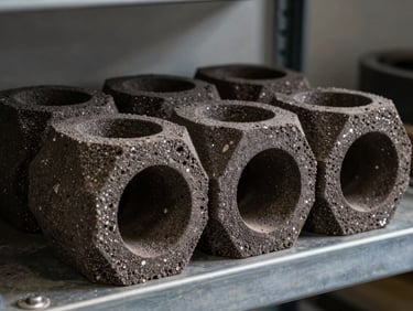 Close-up of cylindrical burner blocks in two rows on metal shelf, dark dense refractory surface, controlled studio light highlighting circular bores and material grain