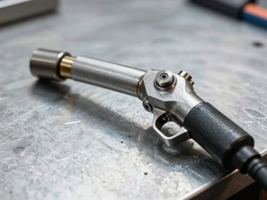 Macro shot of a heavy-duty TIG welding torch resting on a clean steel workbench, silver and black matte finish.