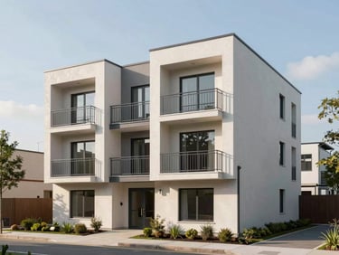Same residential site fully completed: four-storey building exterior with rendered facade, metal railings on balconies, landscaped entrance, photographed in clean afternoon daylight from street level