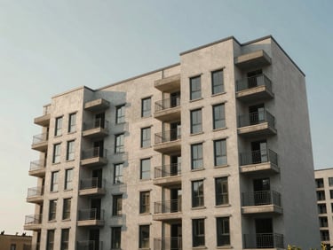 Wide establishing shot of a completed multi-unit residential building exterior in honest afternoon daylight — rendered facade, balconies, and structural details visible, no people in foreground, neutral sky providing clean contrast