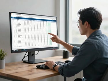 Medium shot of a professional at a standing desk reviewing SEO keyword data on a large monitor, natural window light to the right, clean minimal office backdrop, focused working posture