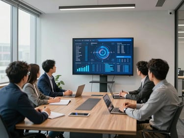 Wide shot of a clean modern office conference room, a team of professionals gathered around a large monitor displaying marketing analytics dashboards with blue data visualizations, natural daylight from floor-to-ceiling windows on the left, medium shot framing the screen and attentive team members in business casual attire