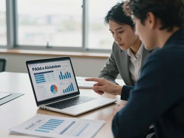 Medium shot of two professionals reviewing paid advertising campaign performance reports on a laptop screen in a bright meeting room, printed analytics sheets on the table, cool daylight from a window behind them