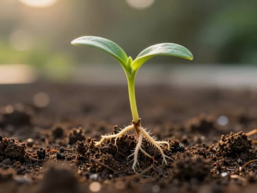 Close detail of a single green seedling root system lifted gently from dark moist soil, golden-hour sidelight, shallow depth-of-field, fine root hairs catching warm backlight, deep green and soil-brown tones