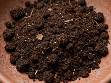Overhead study of dark crumbly compost and mulch spread on a terracotta surface, individual soil granules and fine organic matter sharply visible, diffused cloud-covered daylight, deep earthy tones, macro framing