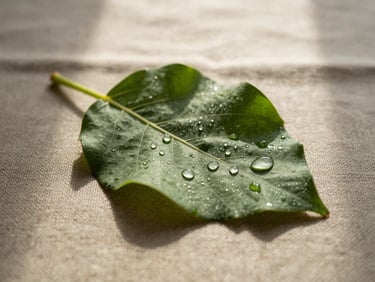 Still-life detail of a single large green leaf resting on a natural linen surface, fine water droplets catching backlit diffused daylight, soft shadow beneath the leaf, macro framing, earthy warm tones