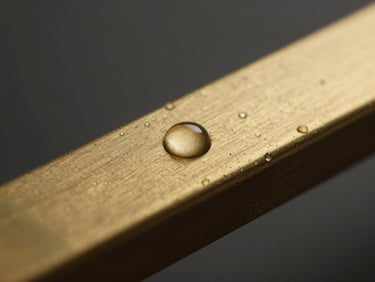 Détail macro d'une robinetterie en laiton brossé parfaitement nettoyée et étincelante, gouttes d'eau absentes, fond sombre épuré.
