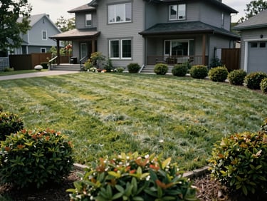 Pelouse parfaitement tondue avec lignes de coupe nettes devant une maison contemporaine à Québec, arbustes taillés.