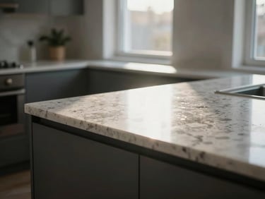 Intérieur de maison moderne épurée à Québec, comptoir en quartz étincelant, reflets nets, lumière naturelle douce.