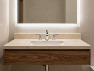 Straight-on view of a luxury bathroom vanity made of light limestone and walnut wood, soft natural window light, elegant styling.