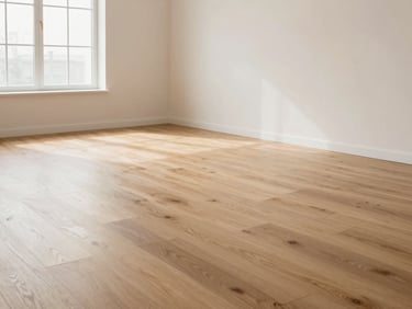 Wide environmental shot of a modern living space with clean lines and oak flooring, soft daylight.