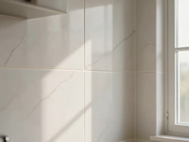 Close-up of clean kitchen tile joints and marble veins under soft natural daylight.