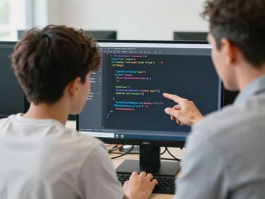An over-the-shoulder shot of a mentor guiding a focused teenager as they analyze lines of code on a monitor, natural daylight, 35mm.