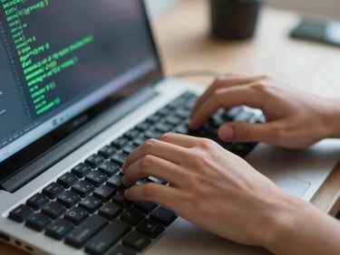 authentic editorial photography, close-up of a student's hands typing code on a mechanical keyboard, neon green and electric blue screen reflections, shallow depth of field, 35mm