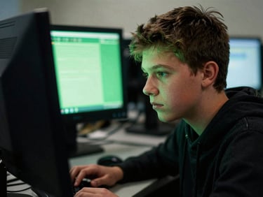 A focused teenager's face illuminated by the bright green glow of a terminal screen, high-contrast shadows, authentic 35mm photography.