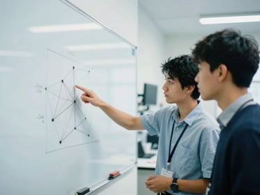 A student pointing at a network diagram on a whiteboard, collaborating with a teammate in a brightly lit modern lab, cool high-contrast tones, 35mm.