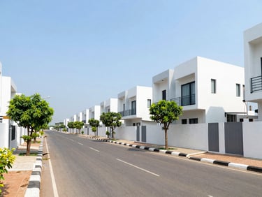 Wide-angle exterior shot of a clean, modern residential street in Kakinada, showing proximity to well-paved roads, green trees, and clear blue sky.