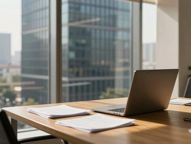 Bright natural office daylight in Gurugram corporate hub, professional desk with documents and laptop, warm editorial 35mm photography
