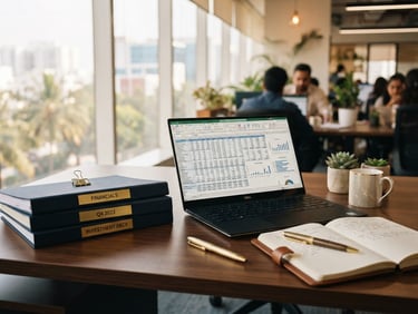 A bright, natural-light Indian corporate office in Bengaluru, a clean wooden desk with neatly organized financial folders, a brass pen, and a laptop screen showing structured spreadsheets, warm gold tones, 35mm.