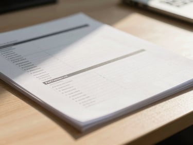 Macro shot of neatly organized financial documents on a modern office desk, soft shadows, warm gold tones, sharp focus, 35mm