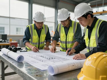 Close-up wide shot of engineers reviewing structural blueprints spread on a steel worktable at an active industrial job site, overcast daylight filtering through corrugated panels, rolled technical drawings and a hard hat visible in the foreground