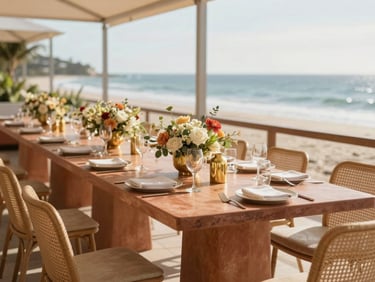 Diseño conceptual de una mesa de eventos moderna con flores naturales y detalles dorados en una terraza frente al mar de Veracruz