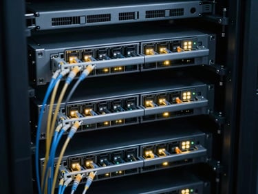 High-end core routers with active LED status indicators glowing in a dark server room, cool-toned technical photography