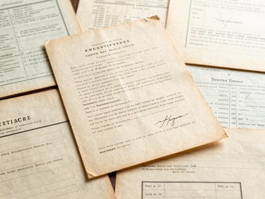 Flat-lay of several aged immigration documents and family registers, warm editorial photography, macro detail of ink on paper.
