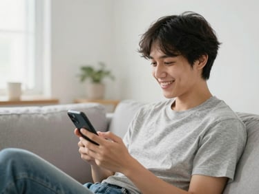 A person smiling while looking at their phone in a bright living room, relaxed everyday life setting, 50mm lens