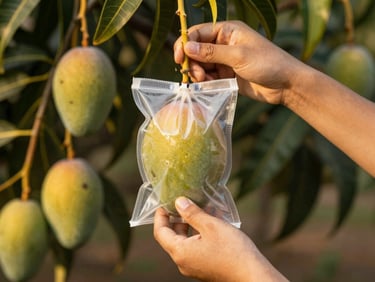 Close-up of hands carefully securing a Kavach protective bag around a growing mango on a branch, warm natural light, shallow depth of field