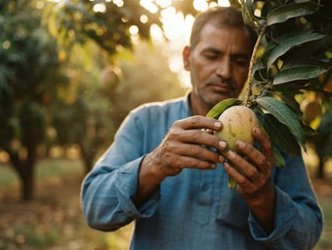 Warm editorial photography of golden-hour sunlight filtering through orchard leaves in Uttar Pradesh, close-up of hands-on agricultural work, 35mm
